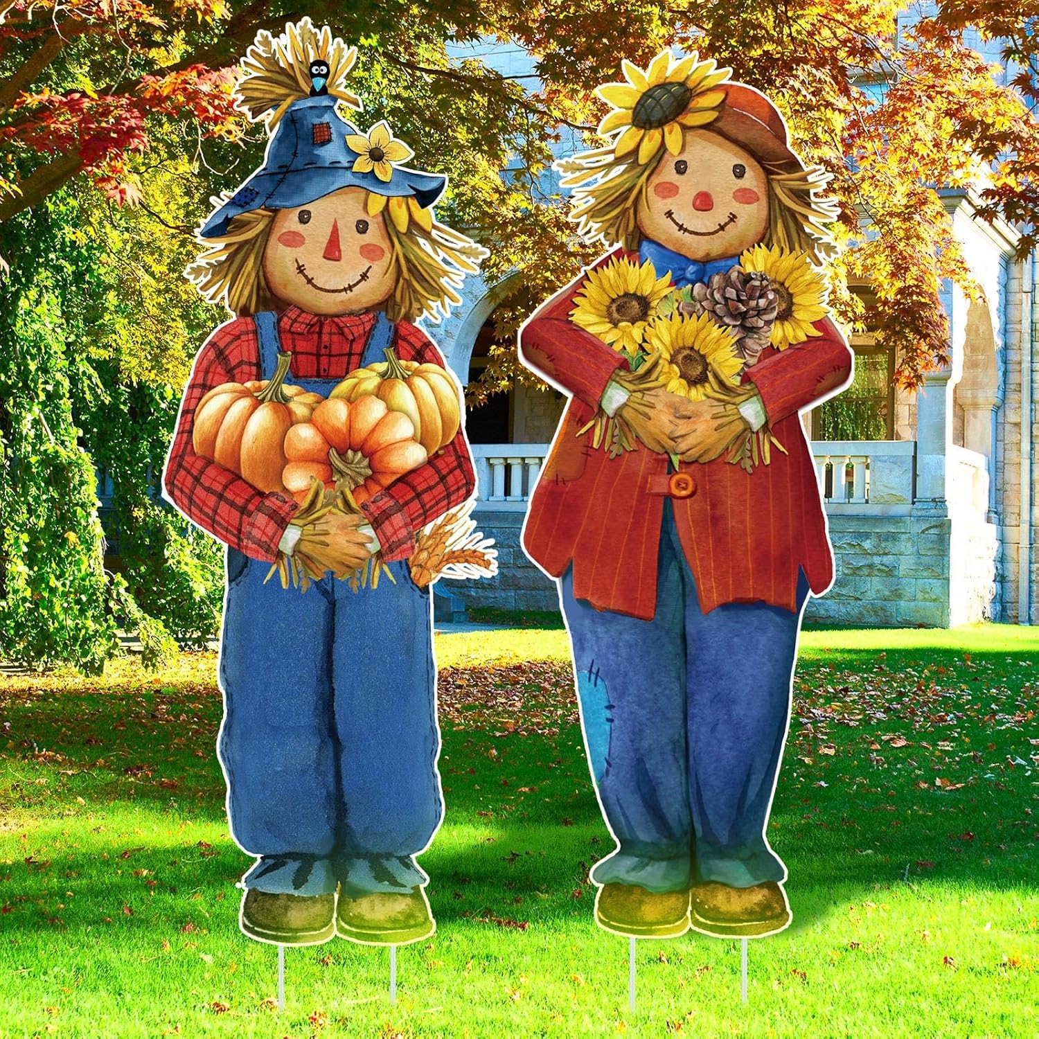 Yard Signs - Thyle 2 Pcs 11.3 x 31.5 Inch Thanksgiving Scarecrow Yard Signs Thanksgiving Fall Yard Signs Autumn Harvest Pumpkins Sunflower Scarecrow Garden Sign with 8 Stakes for Outdoor Porch Lawn Decorations