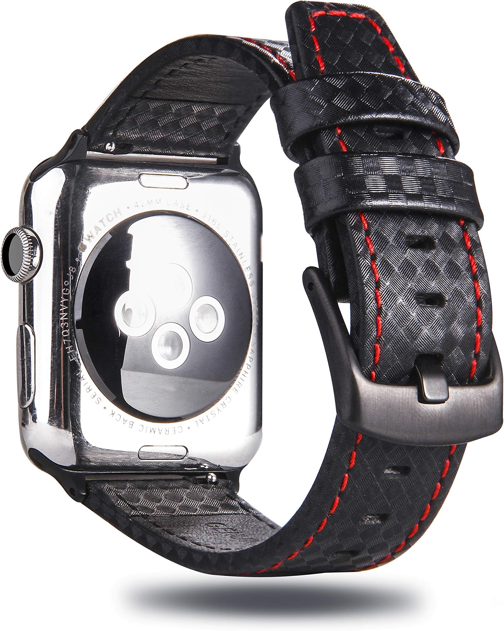 MeShowMeShow 44mm 42mm Genuine Leather Carbon Fiber Embossed Pattern with Stitching Strap Wrist Band with Secure Metal Clasp Buckle Compatible for Apple Watch Series 6/5/4(44mm)/Series 3/2/1