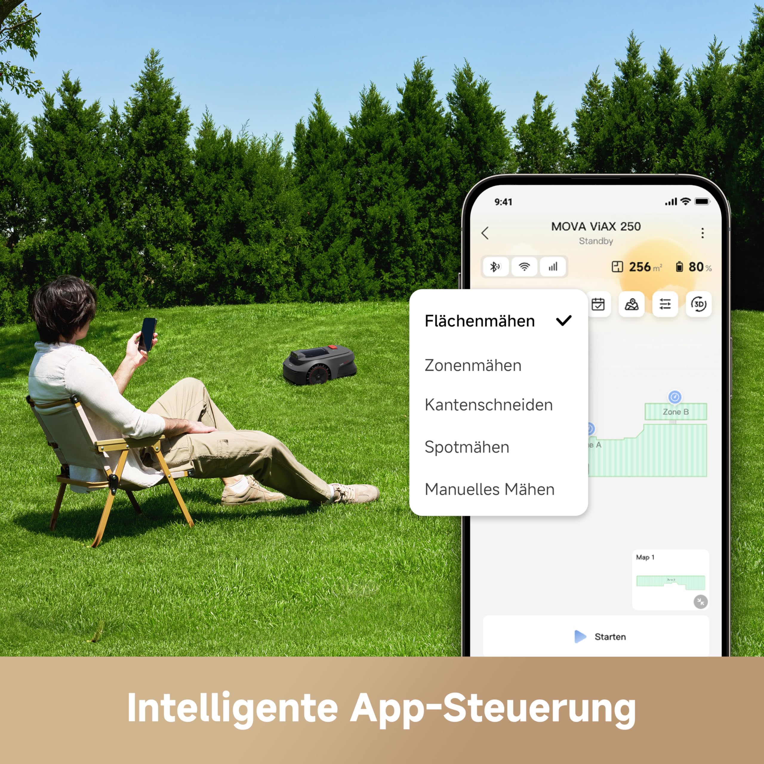 MOVA ViAX 250 Mähroboter Ohne Begrenzungskabel, Empf. 250m², KI-unterstützte Auto-Mapping, U-förmige Bahnen, Hindernisvermeidung Dual-Vision, Besserer Kantenschnitt, Für Komplexe Gelände, Appsteuerung 6