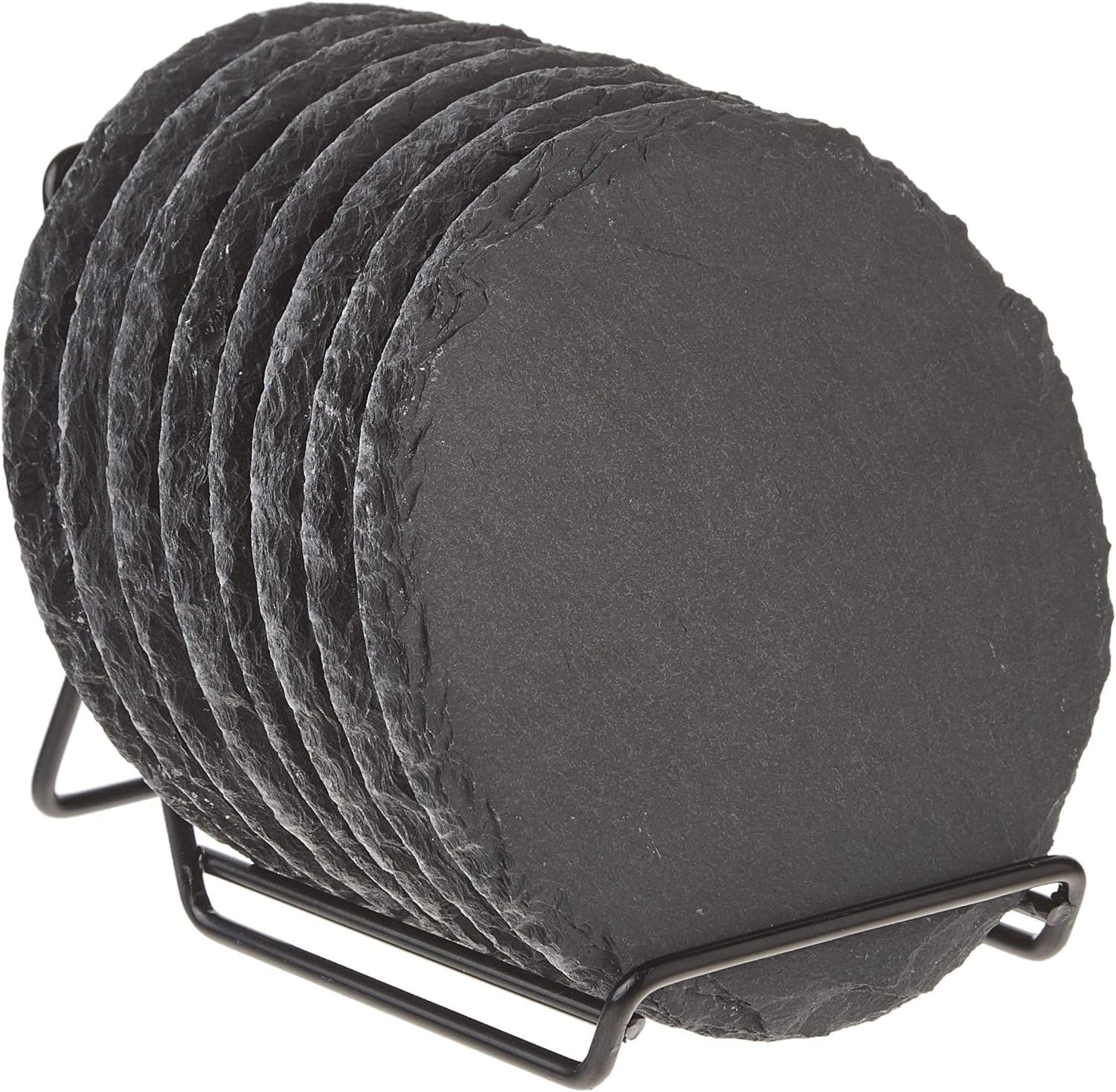 8Pack Slate Stone Coasters Set with Steel Stand Round Black Natural