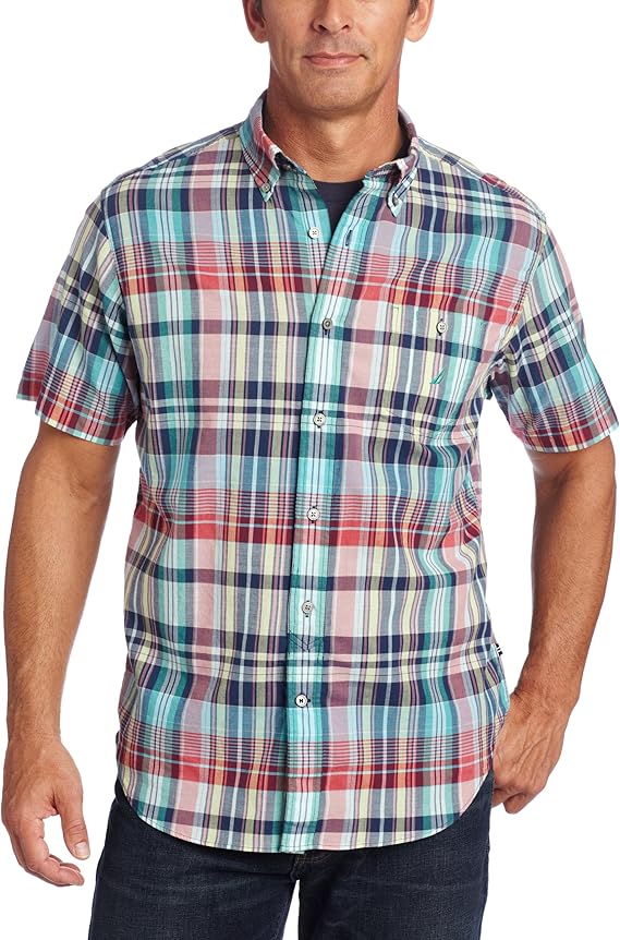 Nautica Men's Short Sleeve Madras Plain Plaid Woven Shirt, Seaport Salmon, Medium at Amazon Men