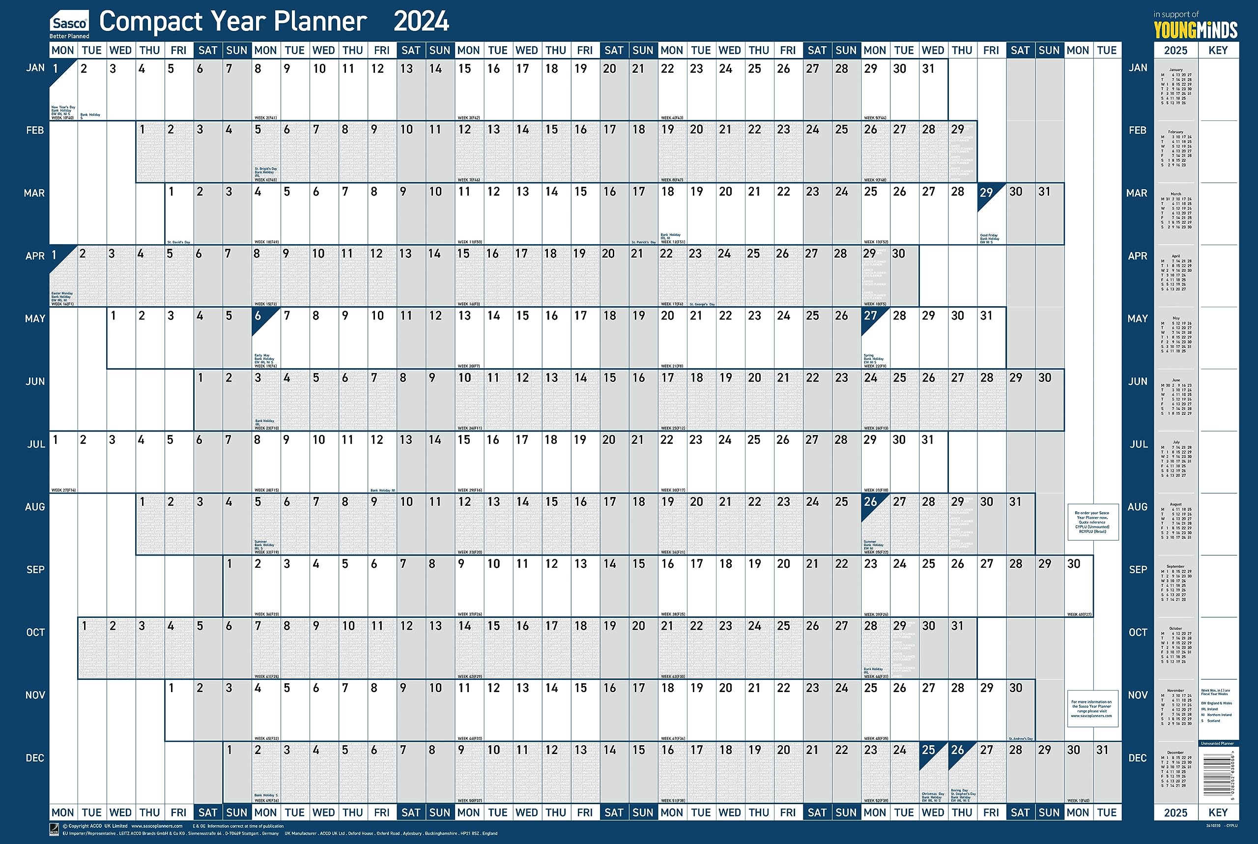 Sasco 2024 Compact Yearly Wall Planner, Paper Mini Whiteboard Poster Style Dry Erase Calendar, Small Wall Planner with Dry Erase Pen, Pen Clip & Stickers, Wall Chart & Notice Board, Blue, 610x405mm