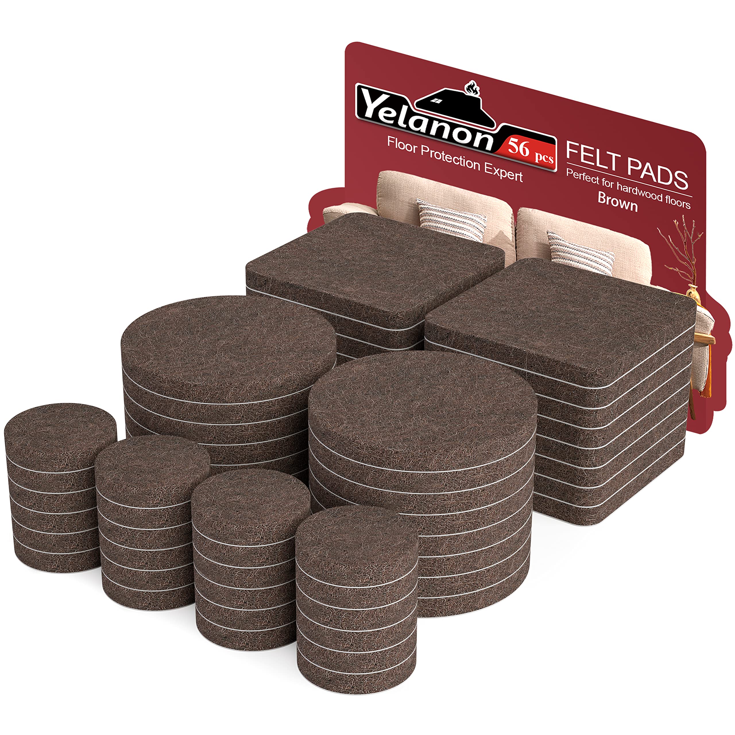 Yelanon Felt Furniture Pads 56Pcs(25+50) mm Furniture Pads Self Adhesive, Felt Chair Pads, Anti Scratch Floor Protectors for Furniture Feet Chair Legs, Furniture Felt Pads for Hardwoods Floors, Brown