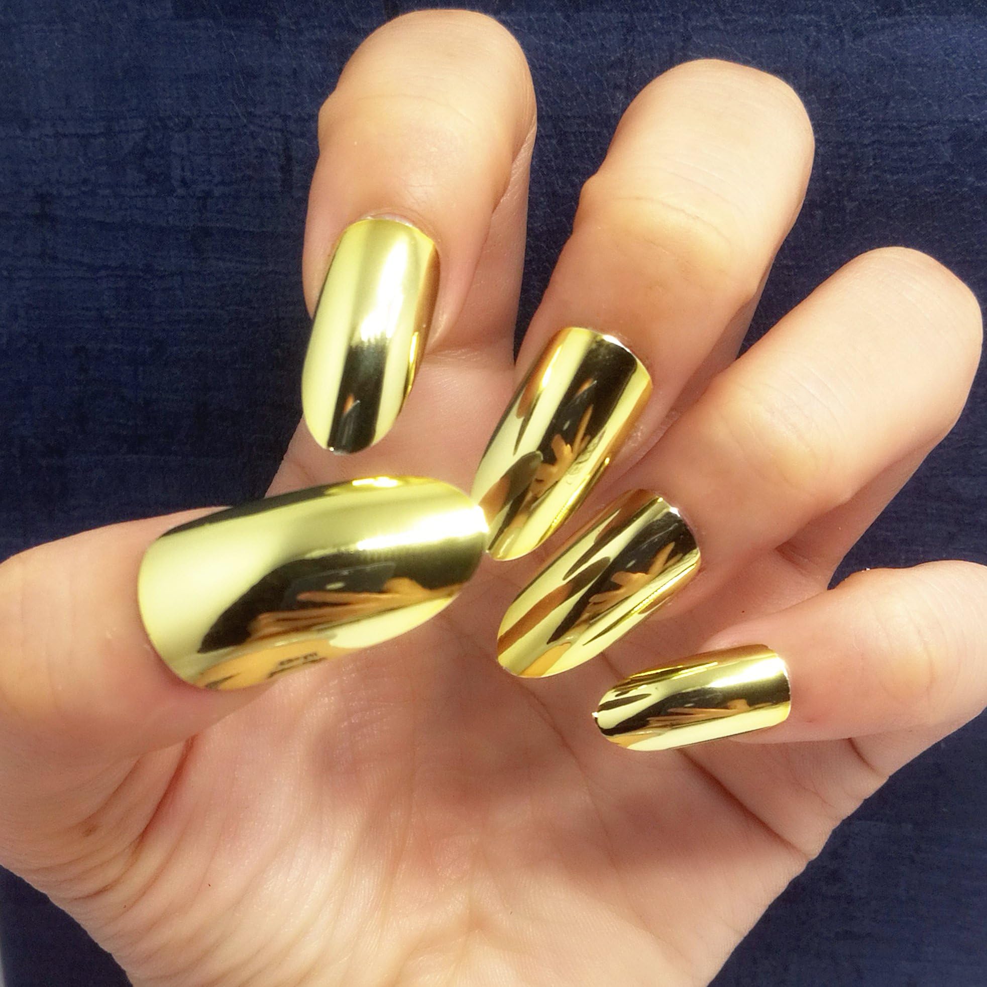 BloomingBoom 24 Pcs 12 Size Long Oval False Nail Full Cover Fake Nails Press on Salon Pre Design Women Almond Squoval Round Metallic Mirror Effect Chrome Golden Gold