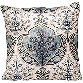 Creative Co-Op Cotton Blend Velvet Printed Pillow with Floral Pattern, Color, Cream and Blue