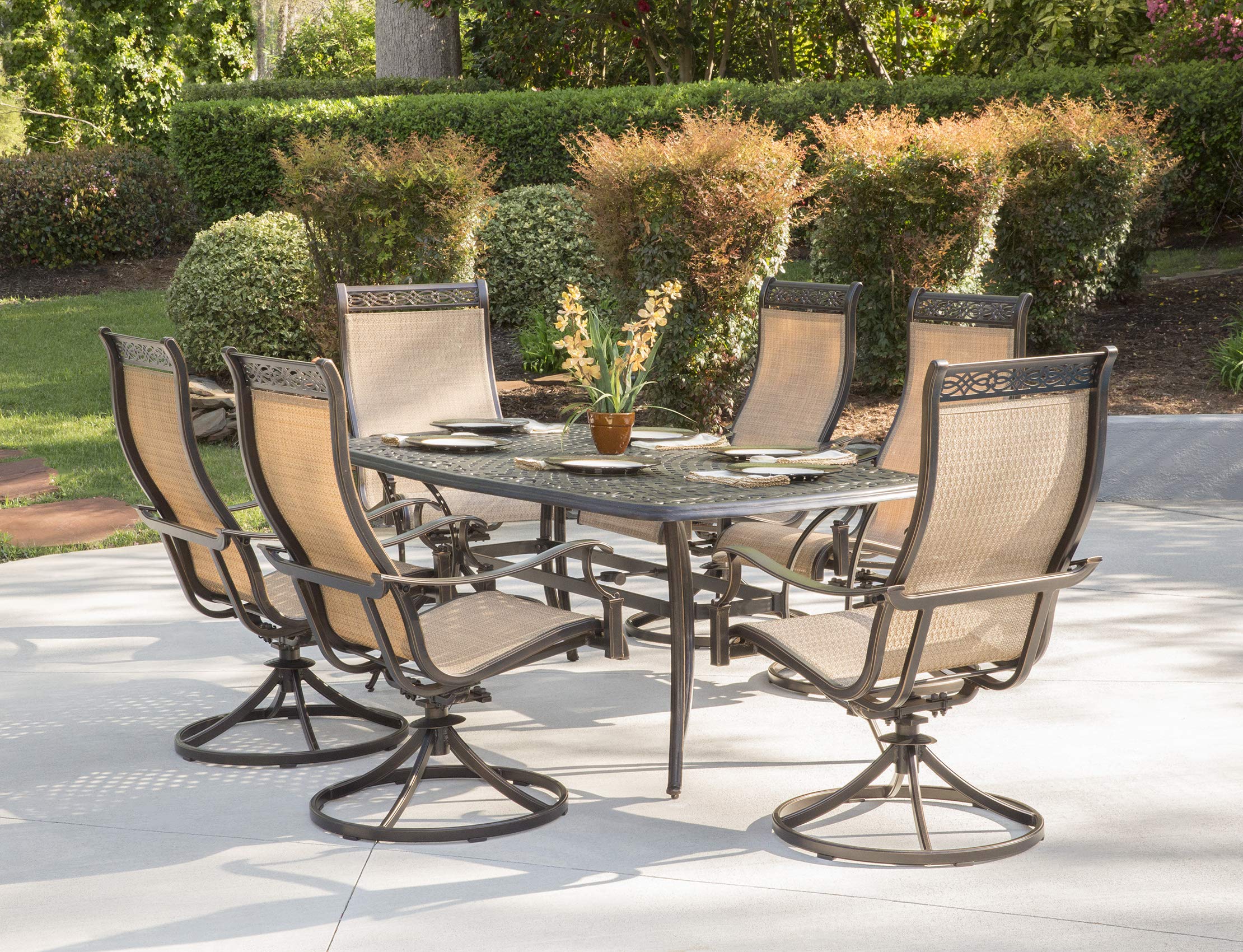 Hanover MANDN7PCSW-6  Dining Set with 4 Rockers & Dining Table Outdoor Furniture, Tan