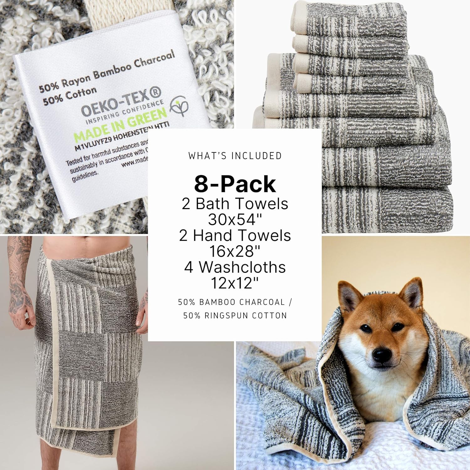 8-Pack Bamboo Bath Towels - 2 Bath Towels, 2 Hand Towels, and 4 Washcloths, Ultra Soft 500 GSM Bamboo Charcoal & Cotton Bathroom Towel Set, Absorbent & Soft Shower Towels, Easy Care Machine Wash Oeko: Home & Kitchen