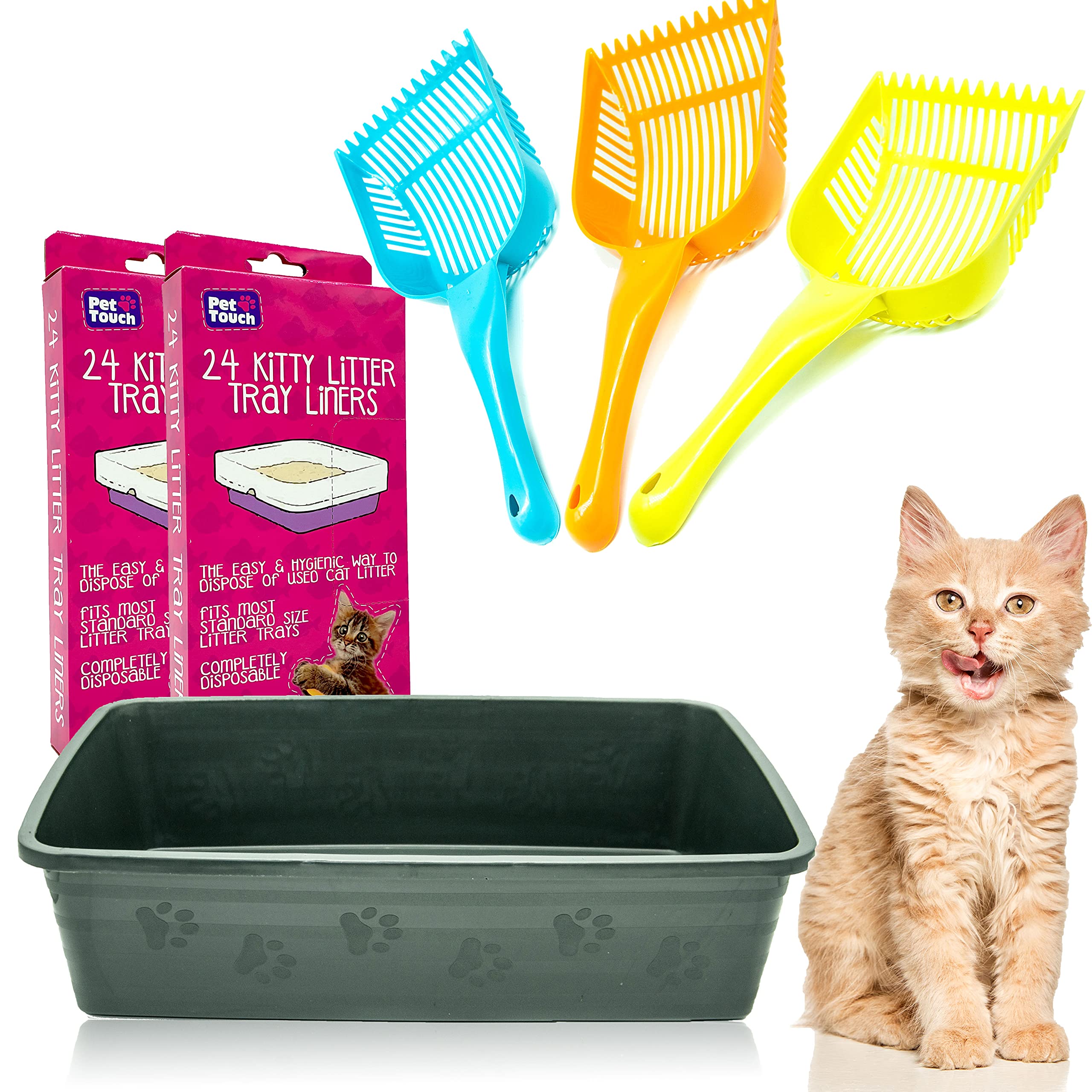 Kitty Cat Essentials [Set of 3] CAT LITTER TRAY with 48 Kitty Cat Litter TRAYS LINERS and CAT LITTER SCOOP Assorted Bundle for Cat Litter Disposal (Cod Grey (48 liners))