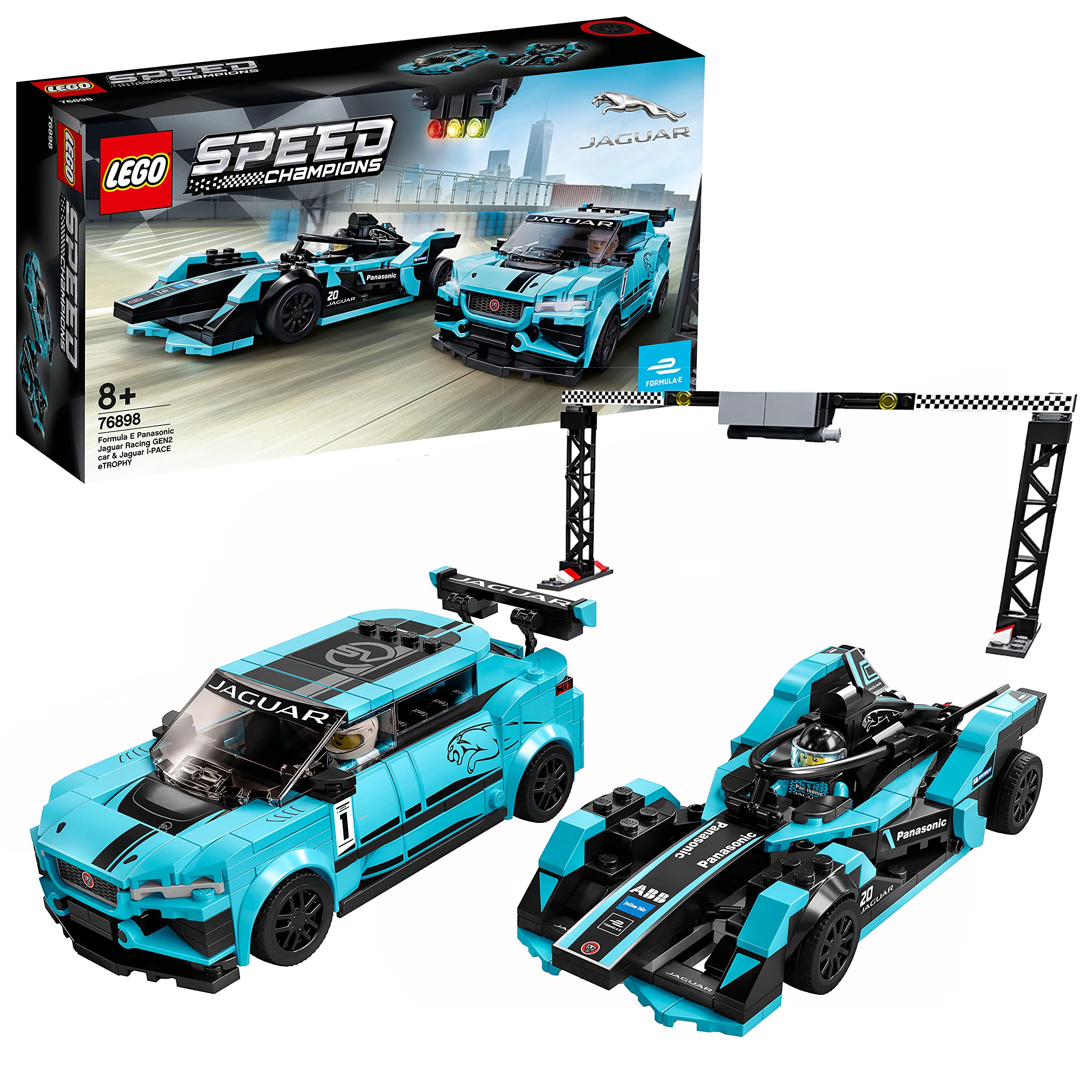 LEGO 76898 Speed Champions Formula E Panasonic Jaguar Racing GEN2 car & Jaguar I-PACE eTROPHY Race Cars Set
