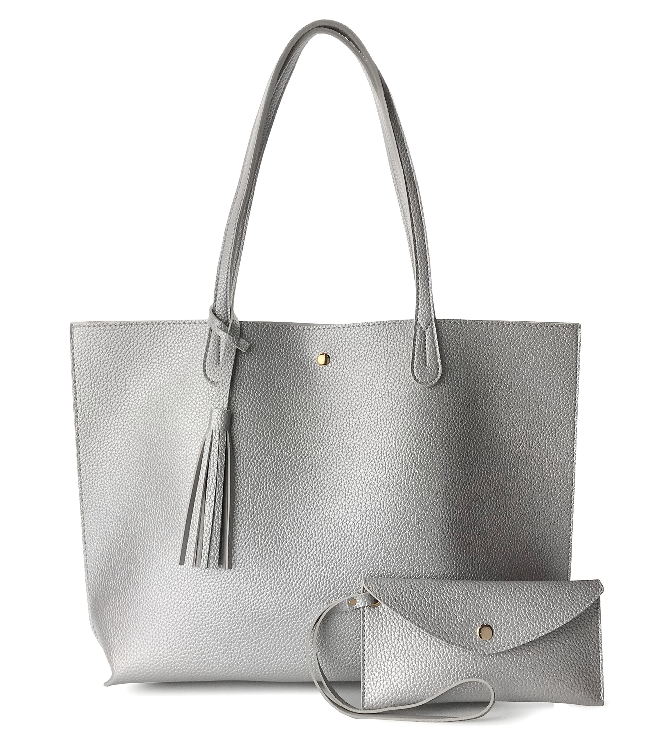 Hoxis Minimalist Clean Cut Pebbled Faux Leather Tote Womens Shoulder Handbag (Silver)