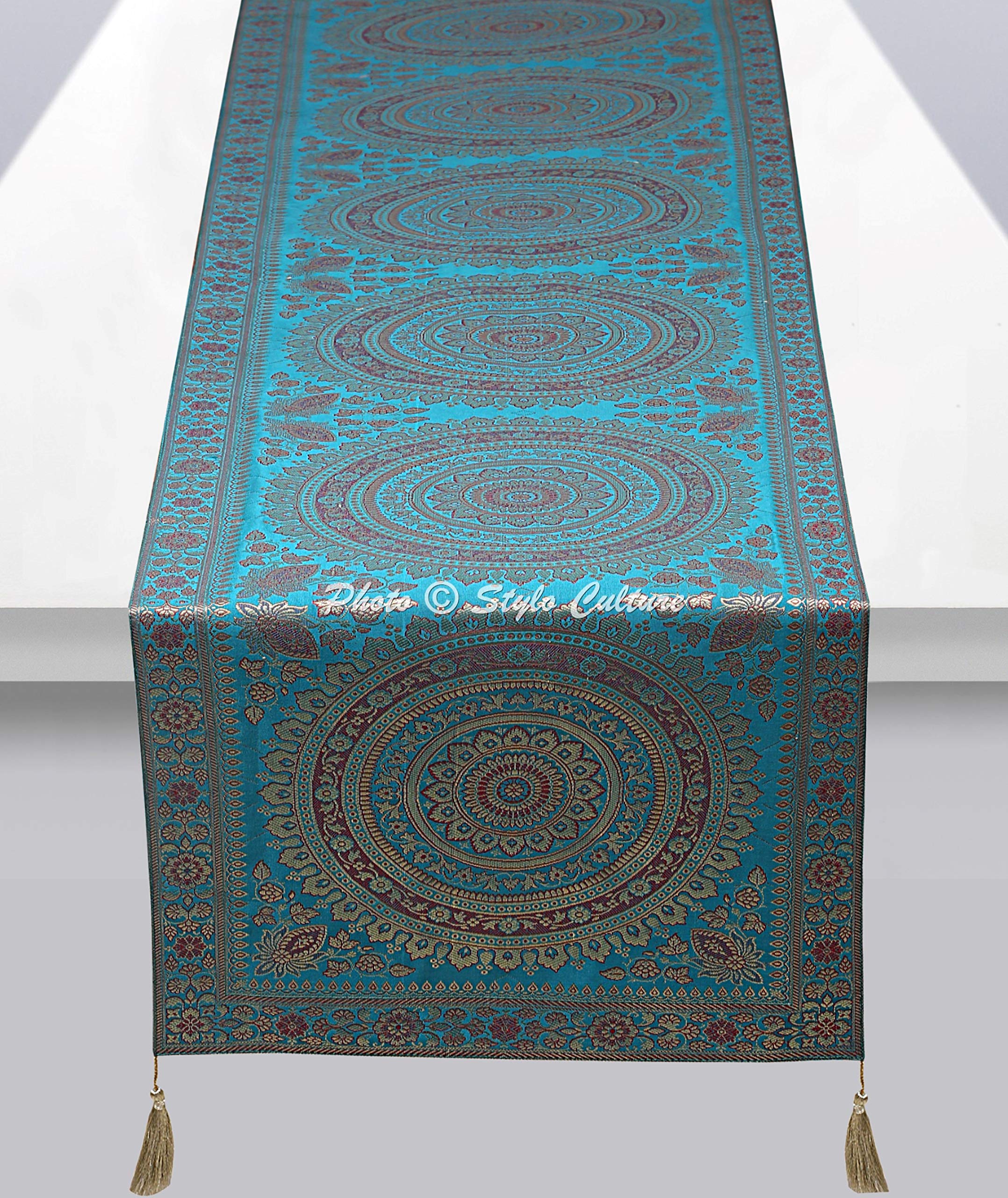 Stylo Culture Decorative Extra Long Table Runner Turquoise Gold Ethnic Round Mandala Jacquard With Tassel Home Decor Reception Table Cloth Brocade Rectangle Tablecloth Placemat 68x16 Inches