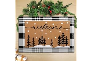 Tinideya 2 Pcs Winter Door Mat Christmas Welcome Non Slip Coir Mats Floor Layering Christmas Tree Snowy Black White Buffalo Plaid Doormats Seasonal for Front Porch Entryway Decor(Snowy Tree)