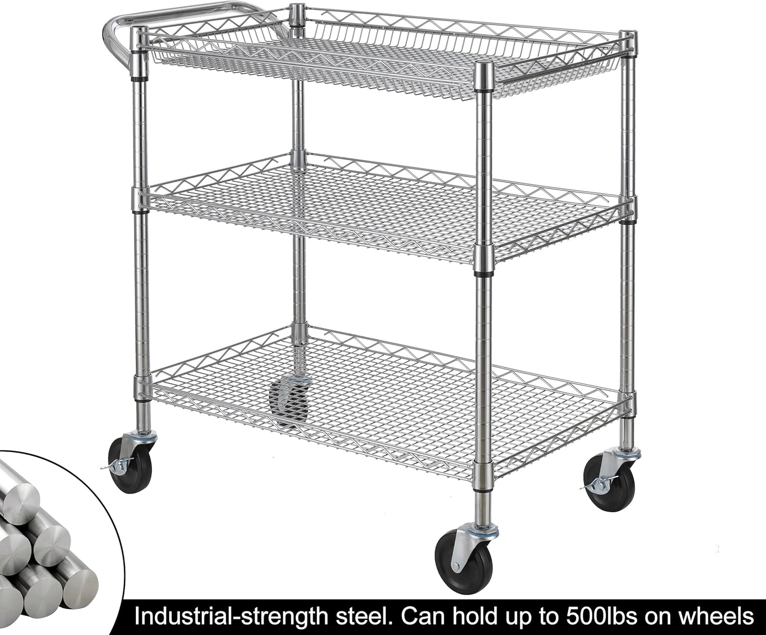 Finnhomy 3 Tier Heavy Duty Commercial Grade Utility Cart, Wire Rolling Cart with Handle Bar, Steel Service Cart with Wheels, Utility Shelf Plant Display Shelf Food Storage Trolley, NSF Listed: Kitchen & Dining