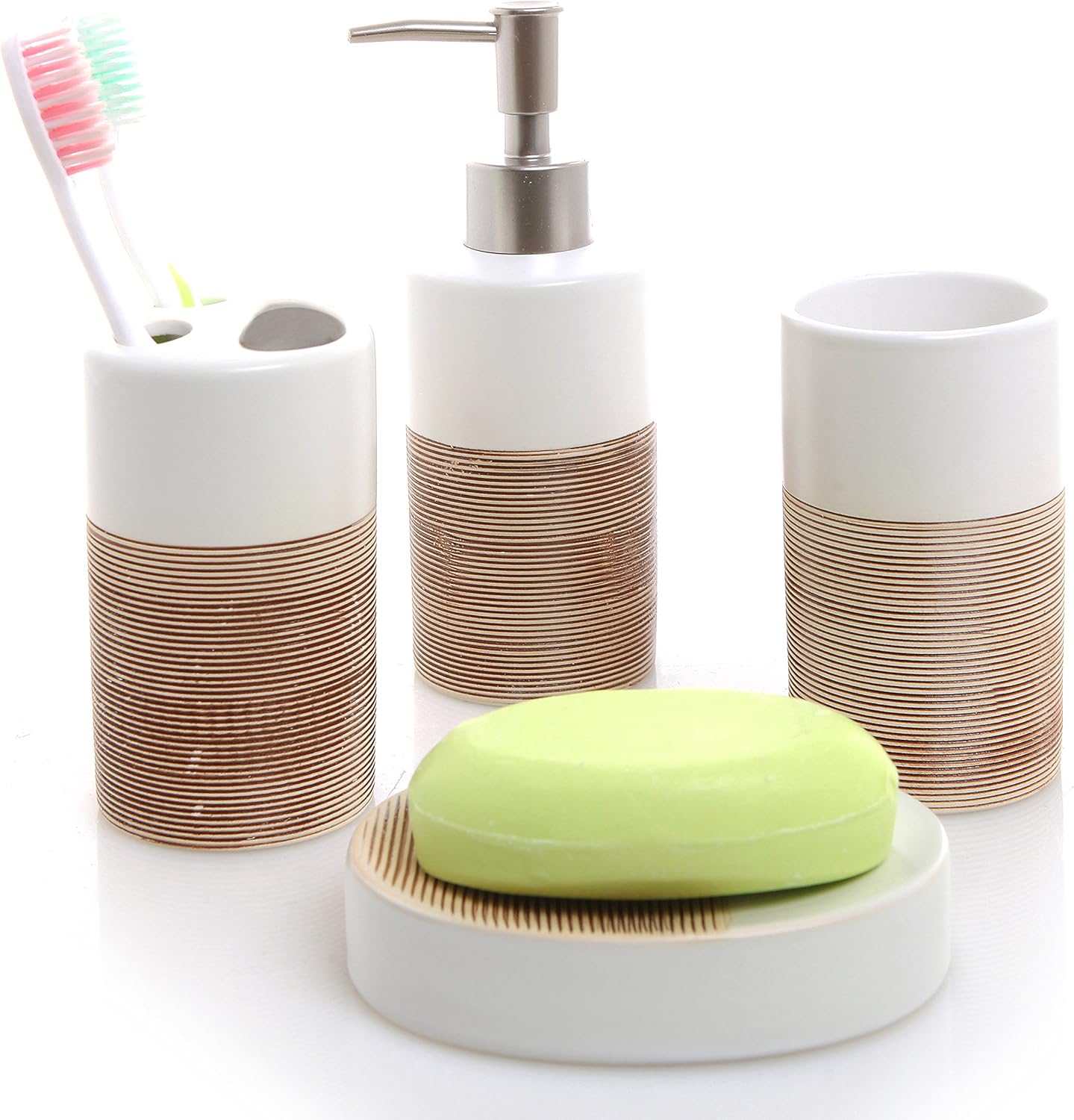 MyGift Deluxe 4 Piece Black & Beige Ceramic Bathroom Set w/Soap Dispenser, Toothbrush Holder, Tumbler & Soap Dish: Home & Kitchen