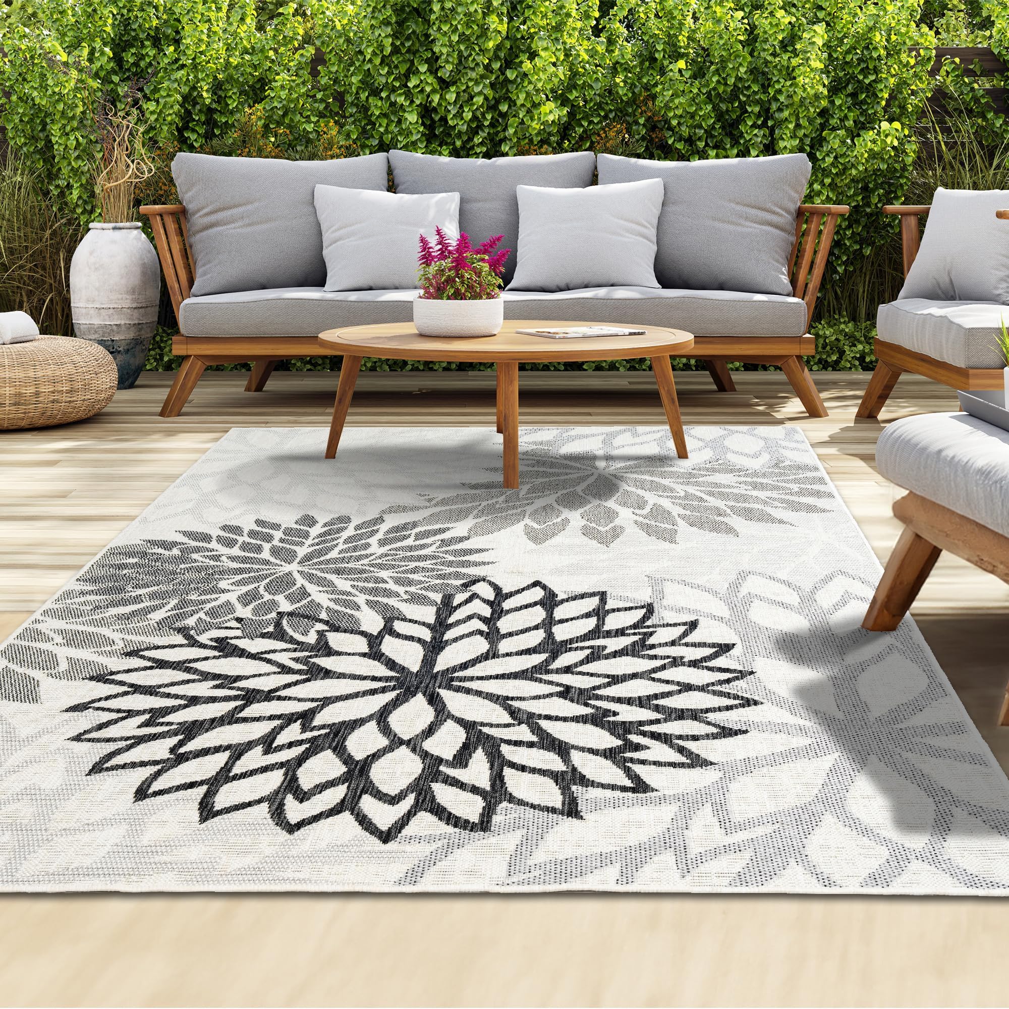 homeart Outdoor Rug - Easy-Clean, Durable, Stain-Resistant, Weather & UV Resistant Indoor & Outdoor Rugs for Porch, Deck, Balcony, Garden, Picnic and Patio | Bellis Black, Grey - 80x150cm — image 1