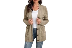 GRECERELLE Women's Long Sleeve Loose Knit Cable Open Front Button Down Cardigan Sweater Outerwear Coat with Pockets