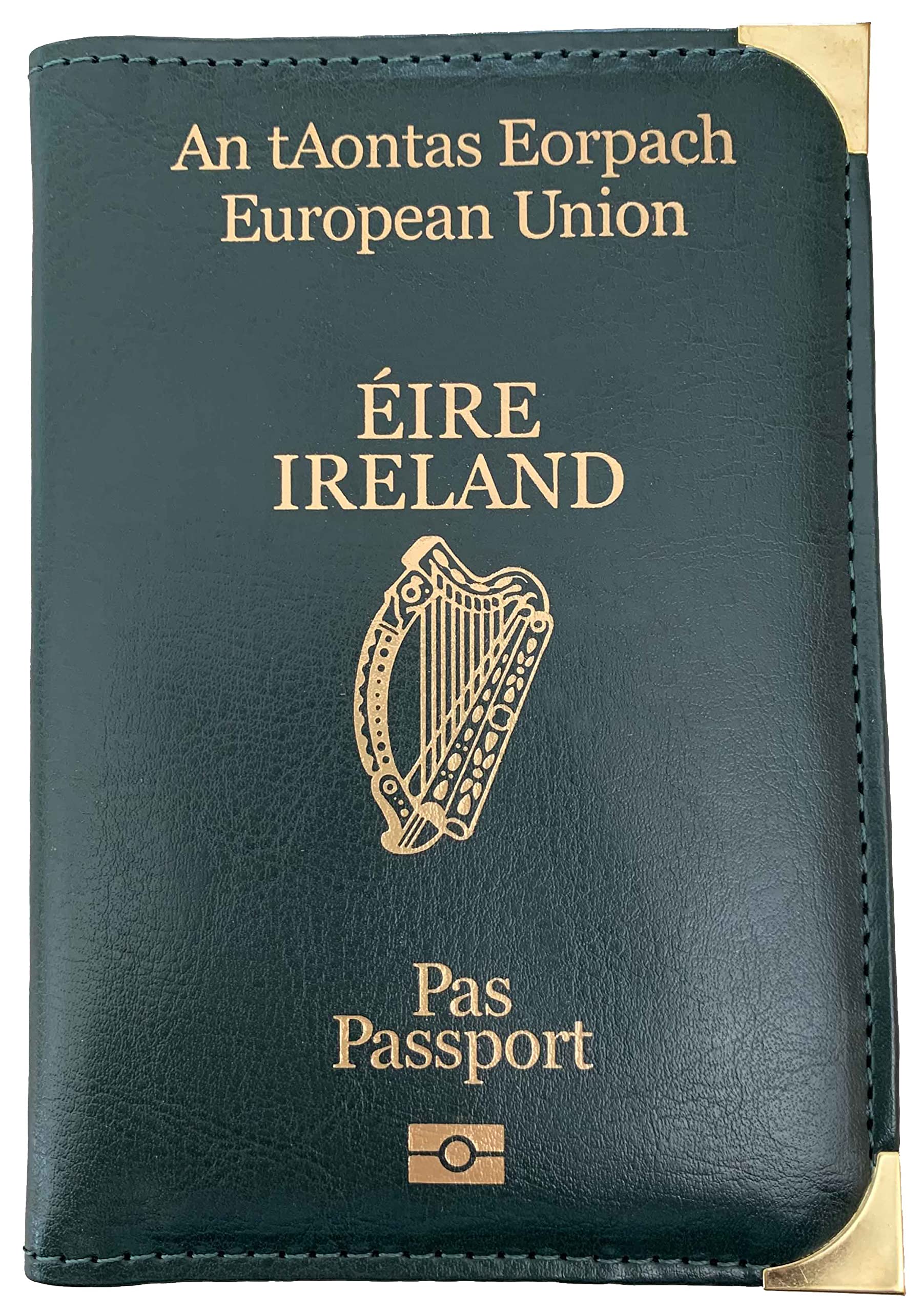 Irish Passport Holder | EU Passport Wallet | Irish Passport Cover | Premium Green PU Leather Cover | Gold Metal Protective Corners | Gold Text