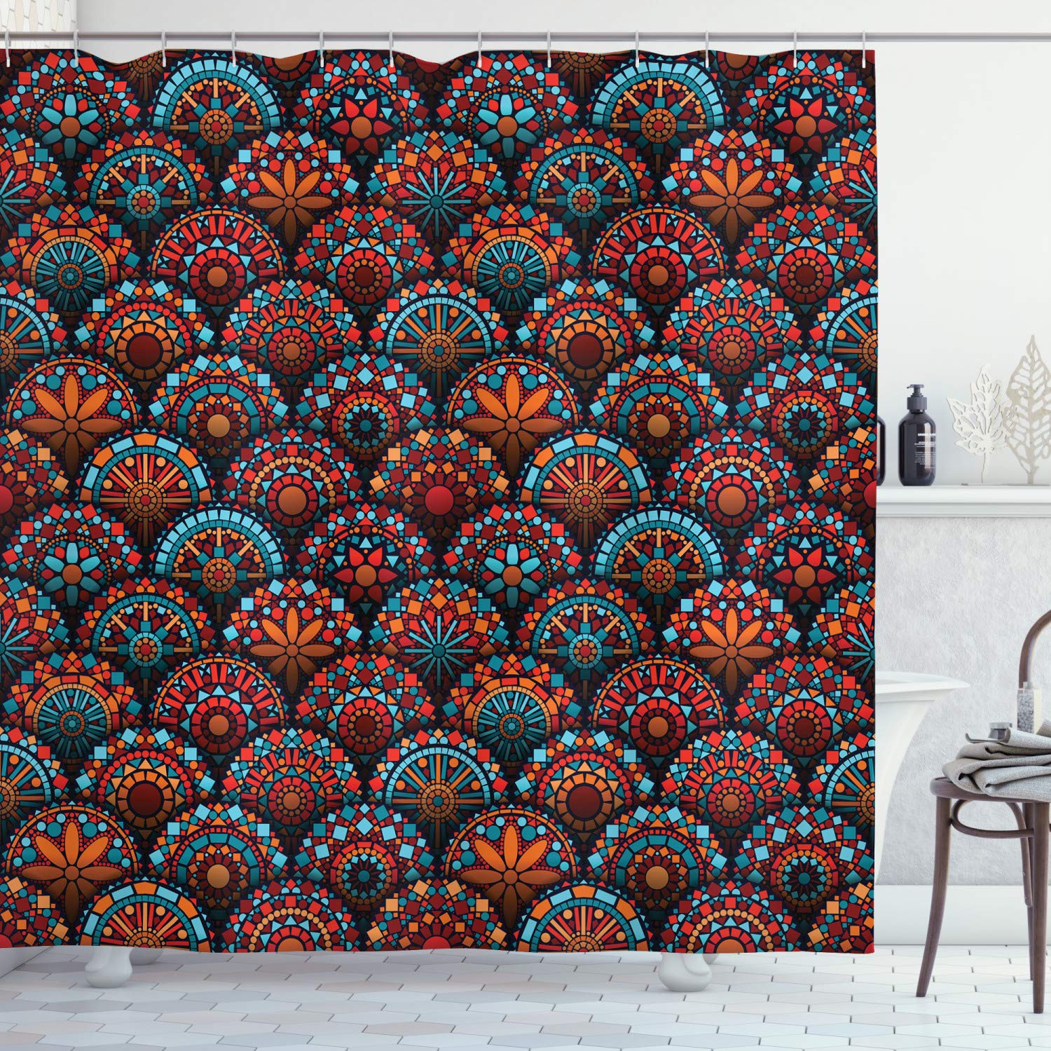 ABAKUHAUS Mandala Shower Curtain, Pattern with and Geometric Floral Form Art Image, Cloth Fabric Bathroom Decor Set with Hooks, 94 Inches, Scarlet Orange and Blue โ image 1