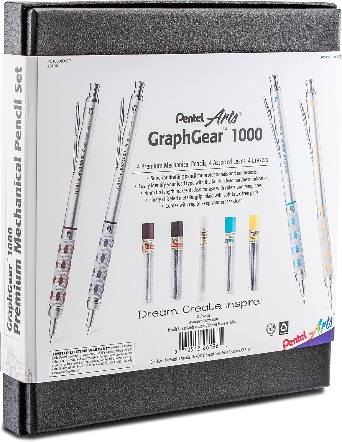 Pentel Arts GraphGear 1000 Premium Gift Set with Refill Leads & Erasers (PG1000BXSET) , Black , 0.3mm, 0.5mm, 0.7mm, 0.9mm: Office Products