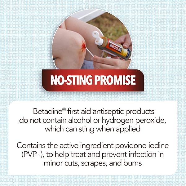 BETADINE ANTISEPTIC FIRST AID SOLUTION, POVIDONE-IODINE 10%, INFECTION PROTECTION, KILLS GERMS IN MINOR CUTS SCRAPES AND BURNS, NO STING PROMISE, NO ALCOHOL OR HYDROGEN PEROXIDE, 8 FL OZ