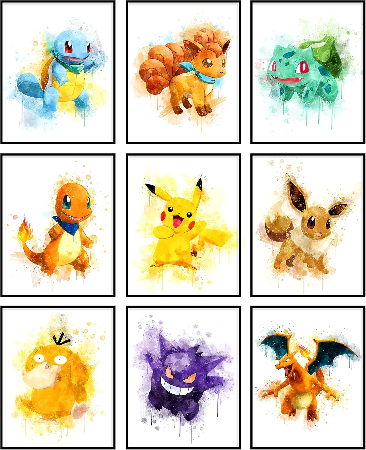 Waschbär Pokemon Watercolor Poster Wall Art Decor - Set of 9 (8 x 10 Inch) - Posters Prints Party Decorations Kids Room Decor Nursery Printable Art - Wall Art Stuff Decor - Anime Art Poster - Baby Bedroom - Kids Playroom (UNFRAMED)