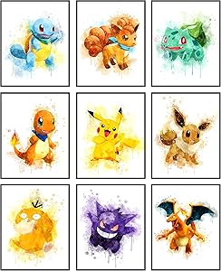 Waschbär Pokemon Watercolor Poster Wall Art Decor - Set of 9 (8 x 10 Inch) - Posters Prints Party Decorations Kids Room Decor Nursery Printable Art - Wall Art Stuff Decor - Anime Art Poster - Baby Bedroom - Kids Playroom (UNFRAMED)