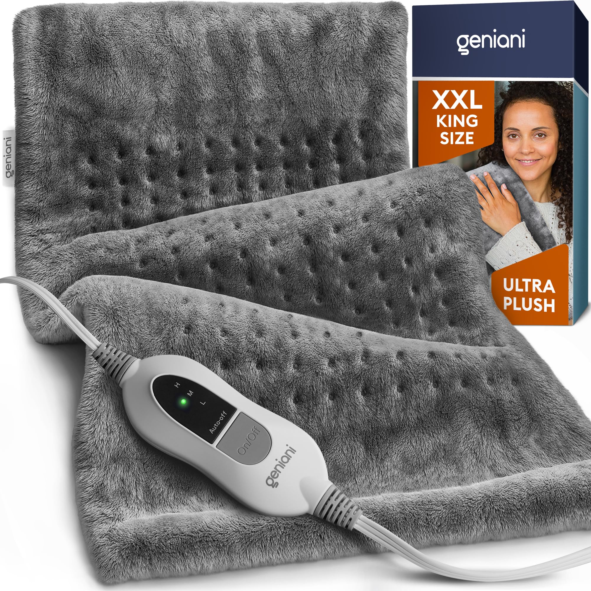 GENIANI XXL 18"x26" Heating Pad for Back Pain & Cramps Relief, Electric Throw - Auto Shut Off, Machine Washable, Heat Pad, for Women, Men, Heat Patches (Tabby Gray)