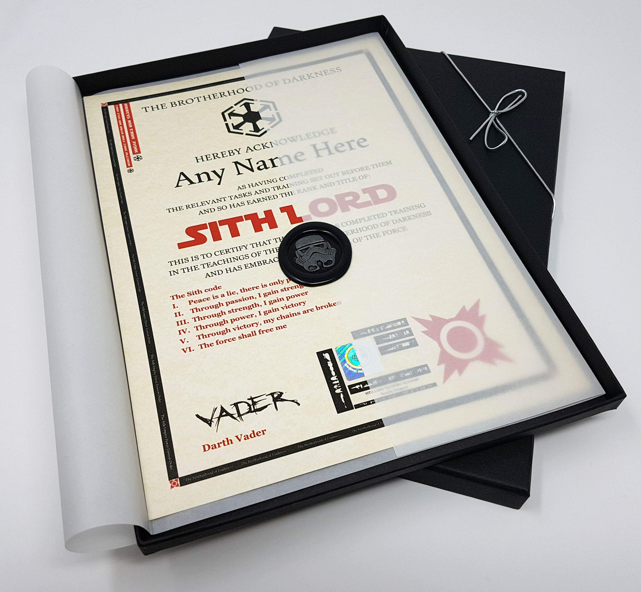 planetsforsale Deluxe Sith Lord Certificate in a Luxury Gift Box - Personalised with The Name of Your Choice