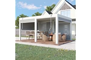 EROMMY 12x16 Louvered Pergola with Side Pull-Down Screen, Outdoor Aluminum Pergola with Thickened Frame and Adjustable Metal Rainproof Roof for Deck Patio Garden Yard, White