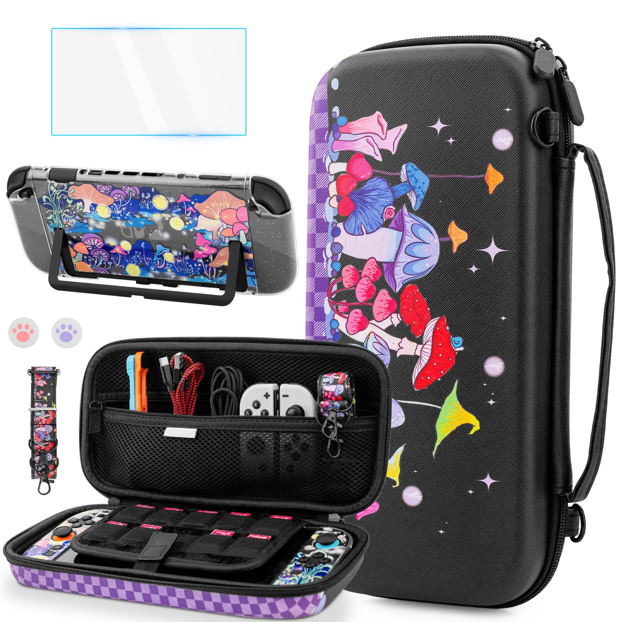 FANPL Cute Case Bundle for Nintendo Switch 2 Accessories, Travel Carrying Cover for Switch 2 with Hard Glitter Skin, Adjustable Strap, Screen Protector, Thumb Grip Caps (Firefly Mushroom Forest)