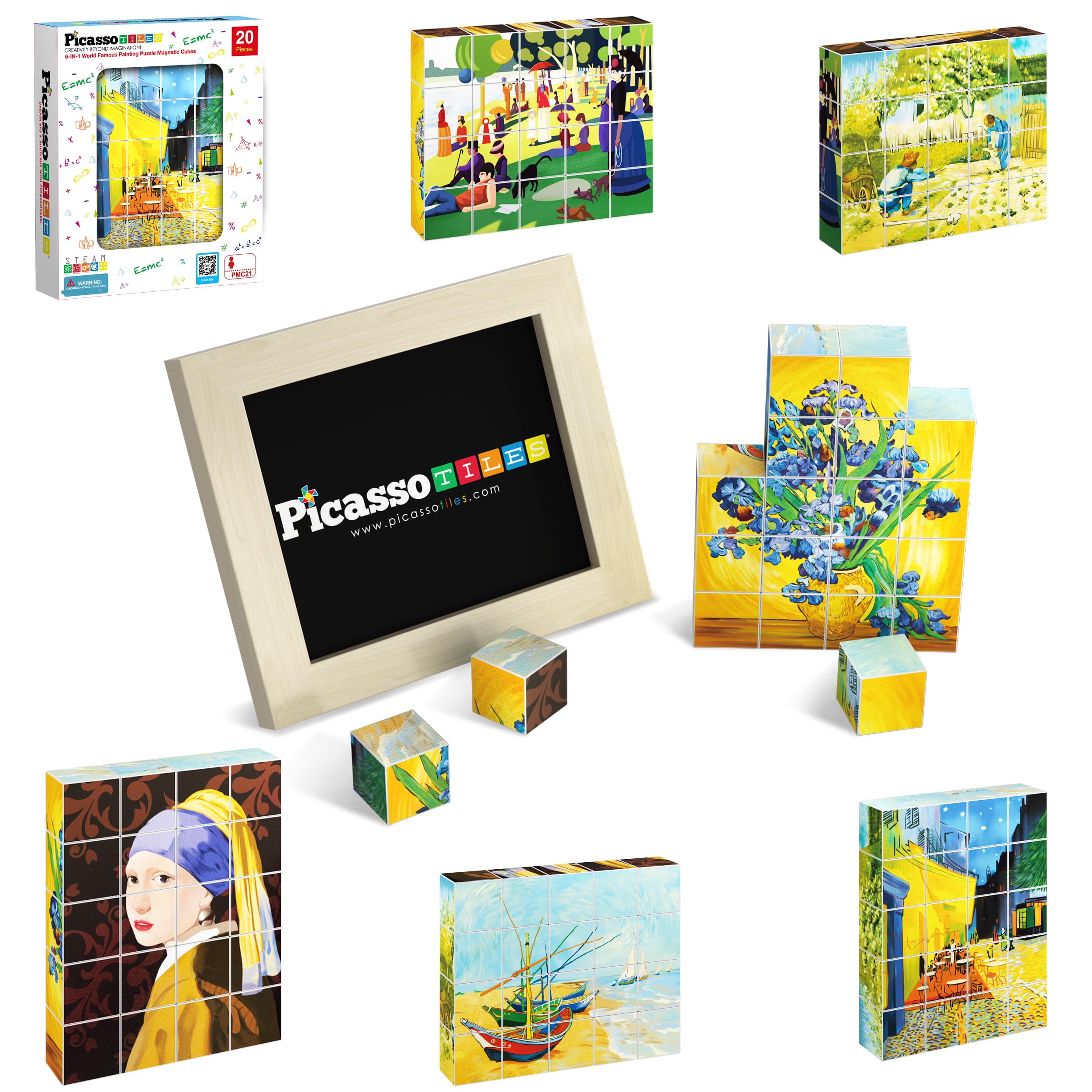 PicassoTiles 1” Magnetic Puzzle Building Cubes Blocks of Popular World Famous Art Paintings with Free Frame, Educational STEAM Toys for 3+ Year Old Boys Girls Toddlers Or Preschool Age Children PMC21