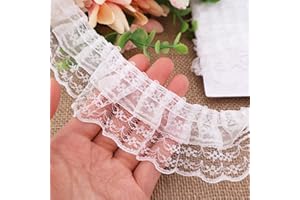 SEWDIYTR White Lace Ruffle Trim for Crafts 1-5/8"x5yd 2-Layer Pleated Edge Lace Ribbon