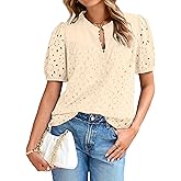 Glamaker Womens Summer Tops Blouse 2026 Casual Eyelet Embroidered Short Puff Sleeve Lace Hollow Out Button Dressy Shirts