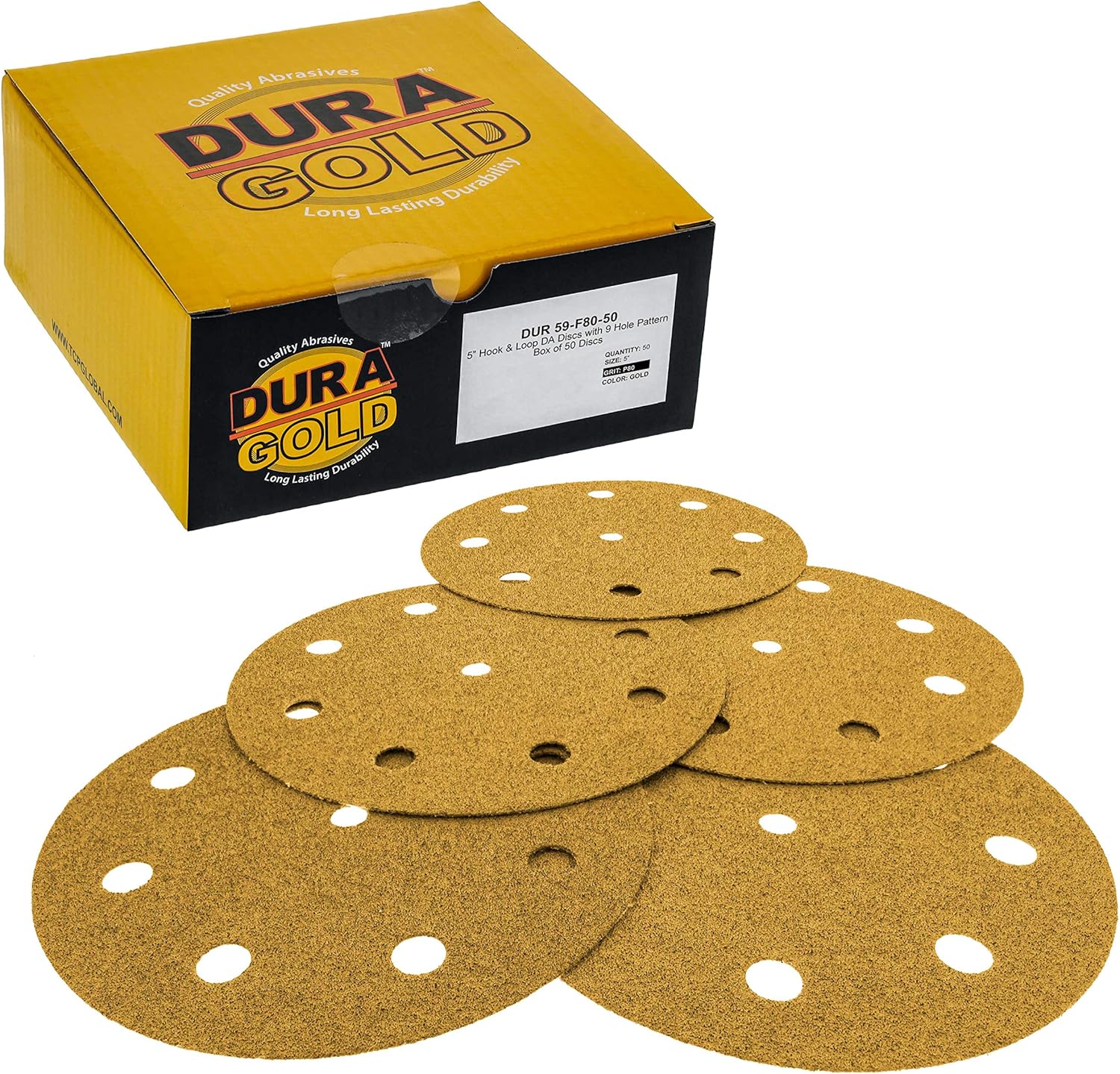 DuraGold Premium 80 Grit 5" Gold Sanding Discs 9Hole Pattern