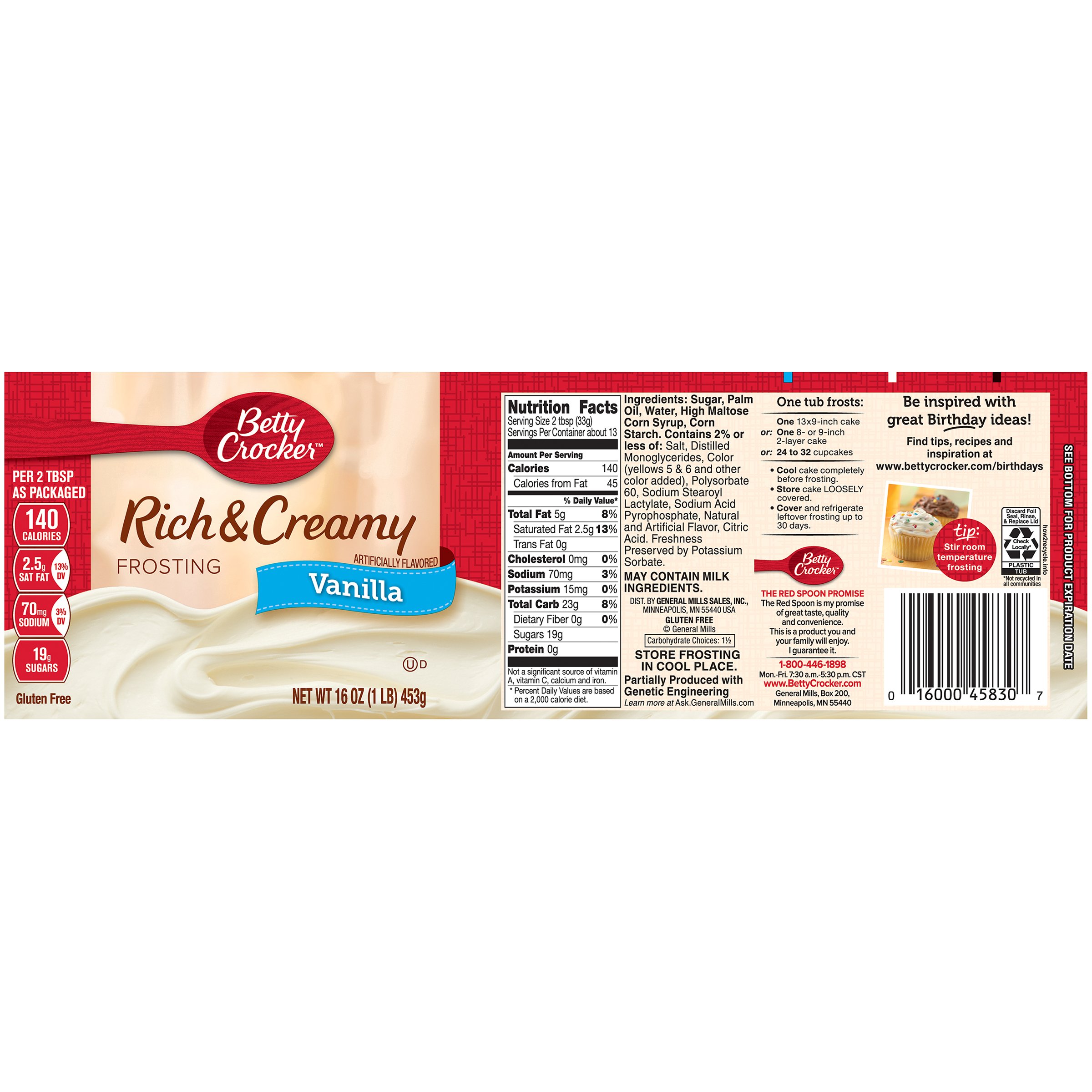 Betty Crocker Frosting, Rich & Creamy Gluten Free Frosting, Vanilla, 16