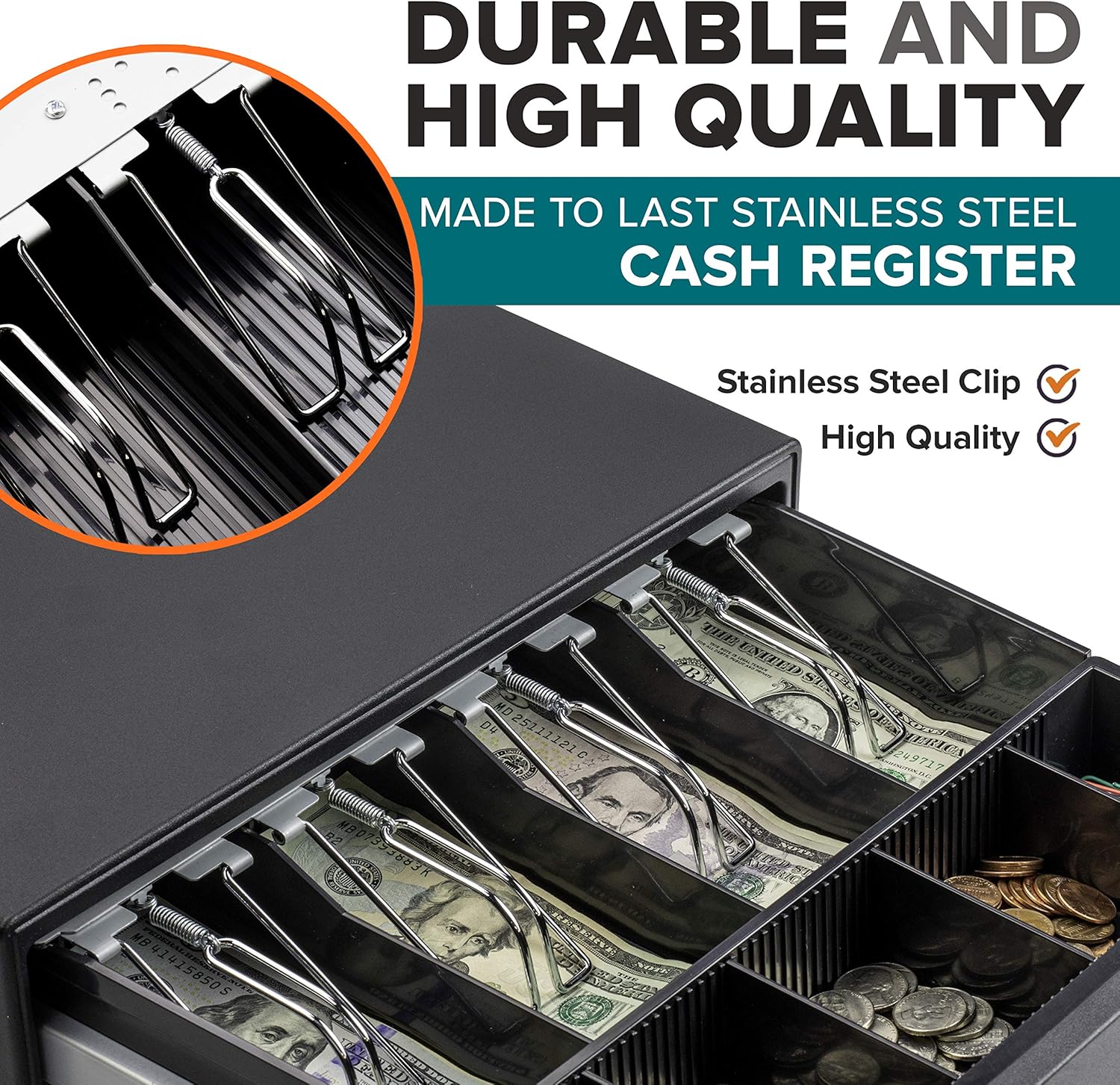 13" Manual Push Open Cash Register Drawer for Point of Sale (POS) System, Black Heavy Duty Till with 4 Bills and 5 Coin Slots, Key Lock with Fully Removable Money Tray and Double Media Slots : Electronics
