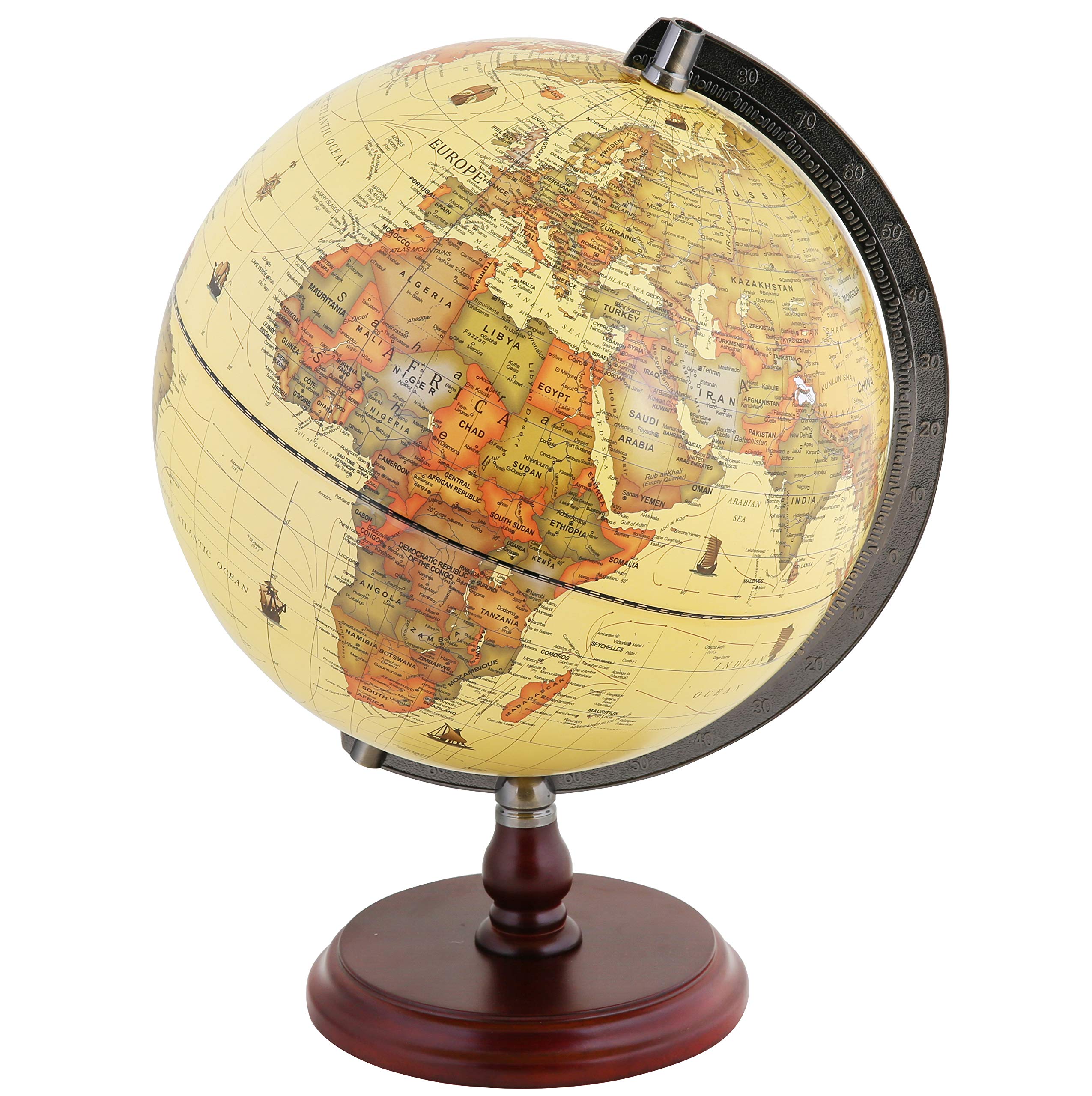 Exerz 25cm Antique Globe With A Wood Base - World Globe Rotating Vintage Decorative - Diametre 25cm