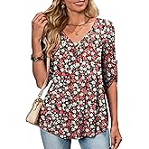 OIDUICOULD Women's Plus Size 3/4 Roll Sleeve Tops V Neck Casual Soft Blouse M-4X