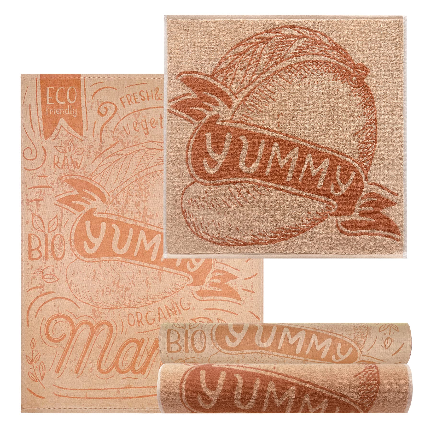 Lashuma Set of 4 Orange Tea Towels, Mango, Set of 2 Towels 50 x 50 cm and 2 Tea Towels 50 x 70 cm