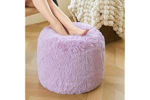 XeGe Fluffy Faux Fur Inflatable Pouf Ottoman, Soft Fuzzy Foot Stool Light Purple, Furry Footrest Floor Pouf Anti-Slip Kid Girls Adult, Foldable Round Ottoman Cushion Living Room Bedroom, Lavender