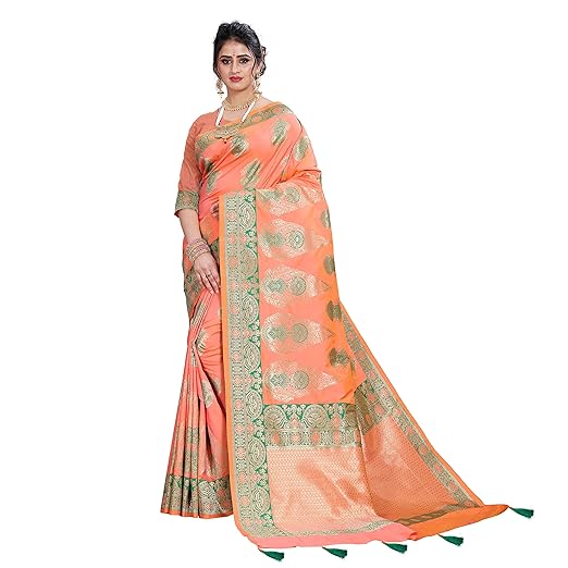 synthetic with Blouse Piece Saree (1862_D_ Peach Orange_ 5.5 meters)