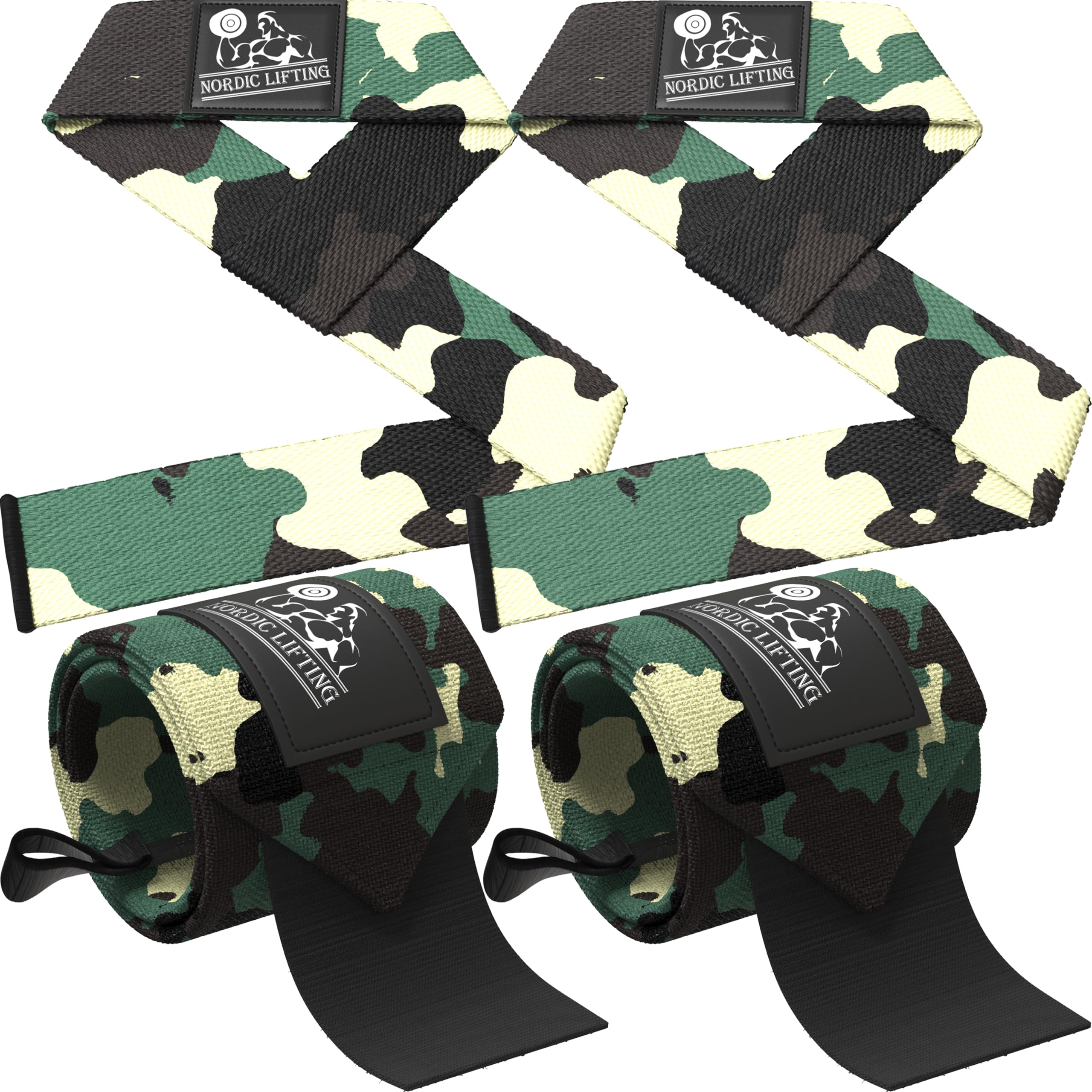 Wrist Wraps + Lifting Straps Bundle (2 Pairs) for Weightlifting, Crossfit, Gym, Powerlifting, Bodybuilding - Support For Women & Men - Premium Quality Equipment - Camo Green -1 Year Warranty