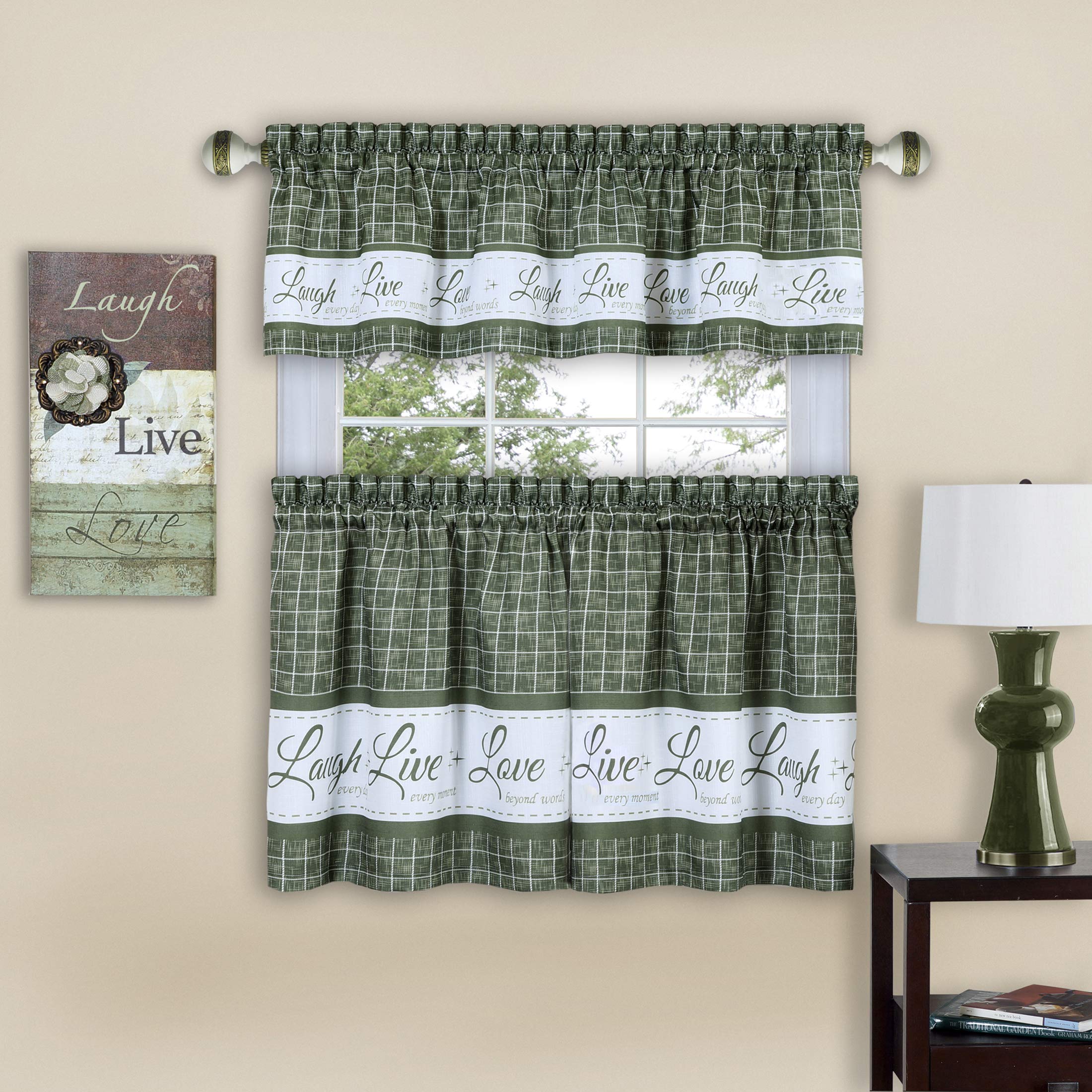 ACHIM Tier and Valance Window Curtain Set - 58 Inch Width, 24 Inch Length - Live, Love, Laugh (Green) - Light Filtering Drapes for Kitchen, Bedroom, Living & Dining Room Home Decor