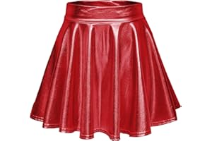 EXCHIC Women's Shiny Metallic Wet Look Stretchy Flared Mini Skater Skirt