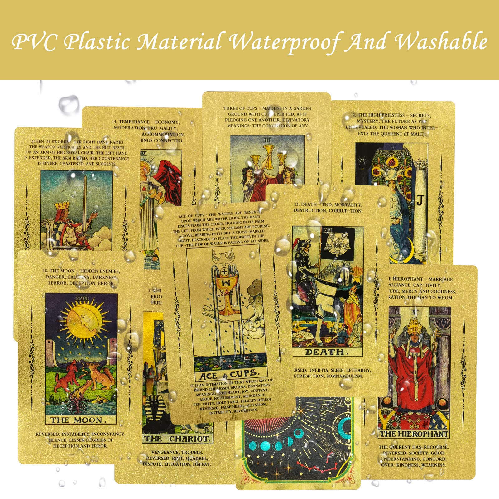 Smoostart PVC Tarot Cards with Meanings on Them, PVC Waterproof Anti-Wrinkle Luxury Gold Foil Tarot Cards Deck with Guidebook and Exquisite Box for Beginners and Professional Player Gold