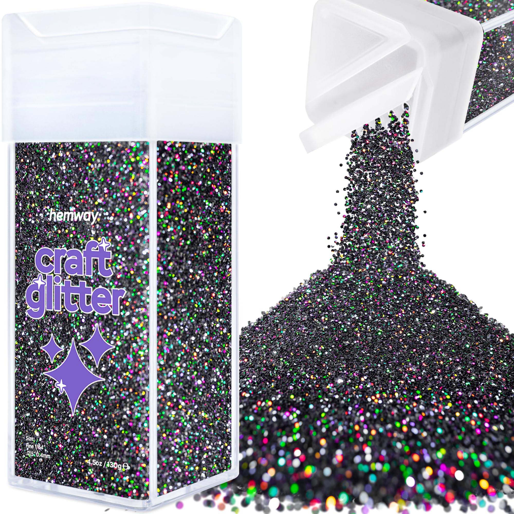 Hemway Glitter Shaker Black Holographic 110g Fine, Craft Glitter Shaker for Resin & Epoxy Crafts, Christmas Art Supplies, Nail, Body, Face, Eye, Festival, Crafting, Slime, Sparkle