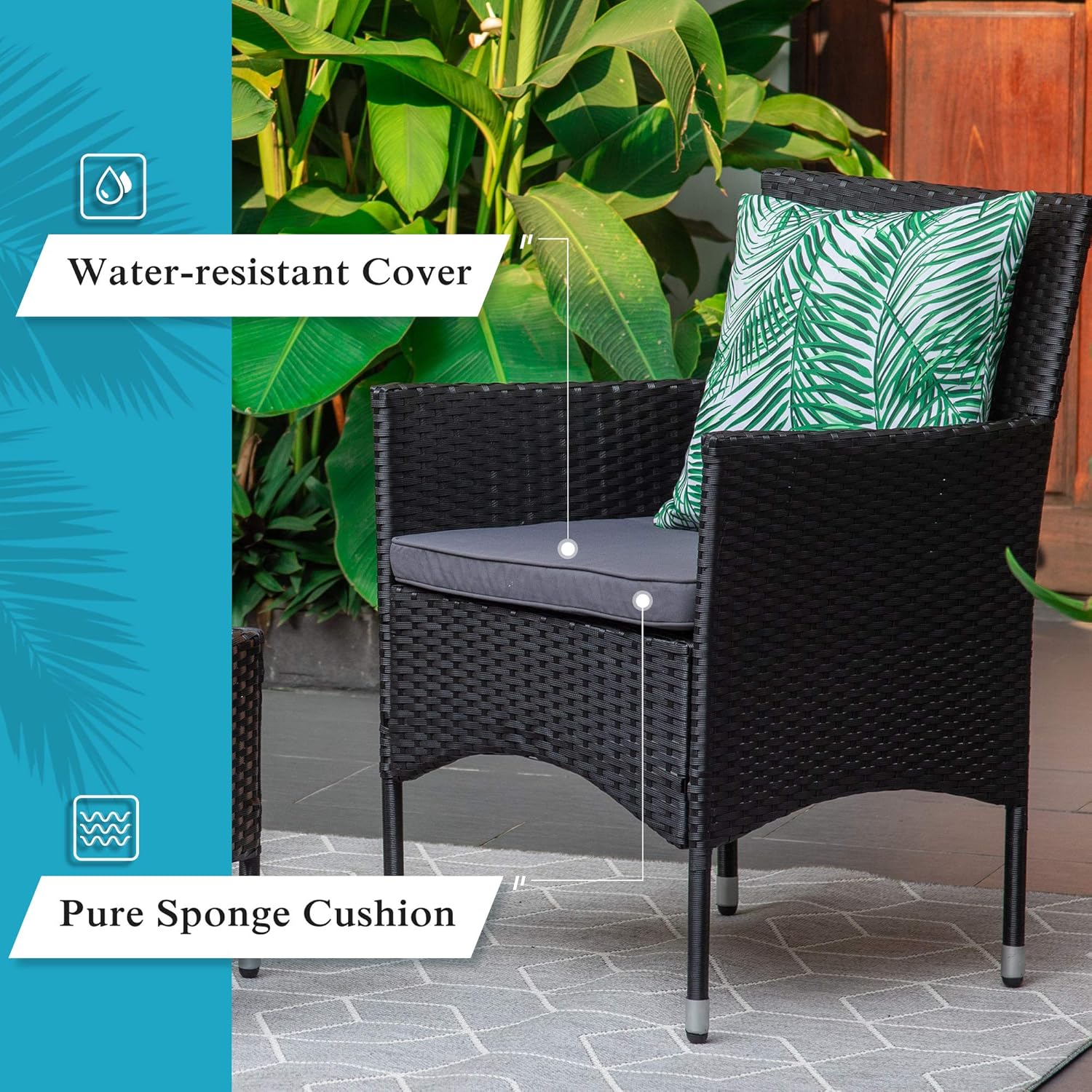 M&W 3 Pieces Patio Furniture Set, Outdoor Chairs and Coffee Table, PE Rattan Wicker Bistro Table Set for Balcony, Lawn, Garden, Backyard, Grey (Throw Pillow NOT Included): Garden & Outdoor