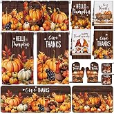 13 Pcs Fall Thanksgiving Pumpkin Kitchen Decor Set, Towels Rugs Set | 4 Hand Towels, 2 Kitchen Non Slip Rugs, 3 Curtains Valances, 2 Pot Holders and 2 Oven Mitts, Maple Leaf Fall Kitchen Decor