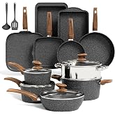Kitchen Academy Induction Cookware Set Non Stick, 17Pcs Granite Pots &amp; Pans | Nonstick Kitchen Induction Cookware and Bakeware Sets, Non-Toxic PFOA &amp; PFOS Free, Black