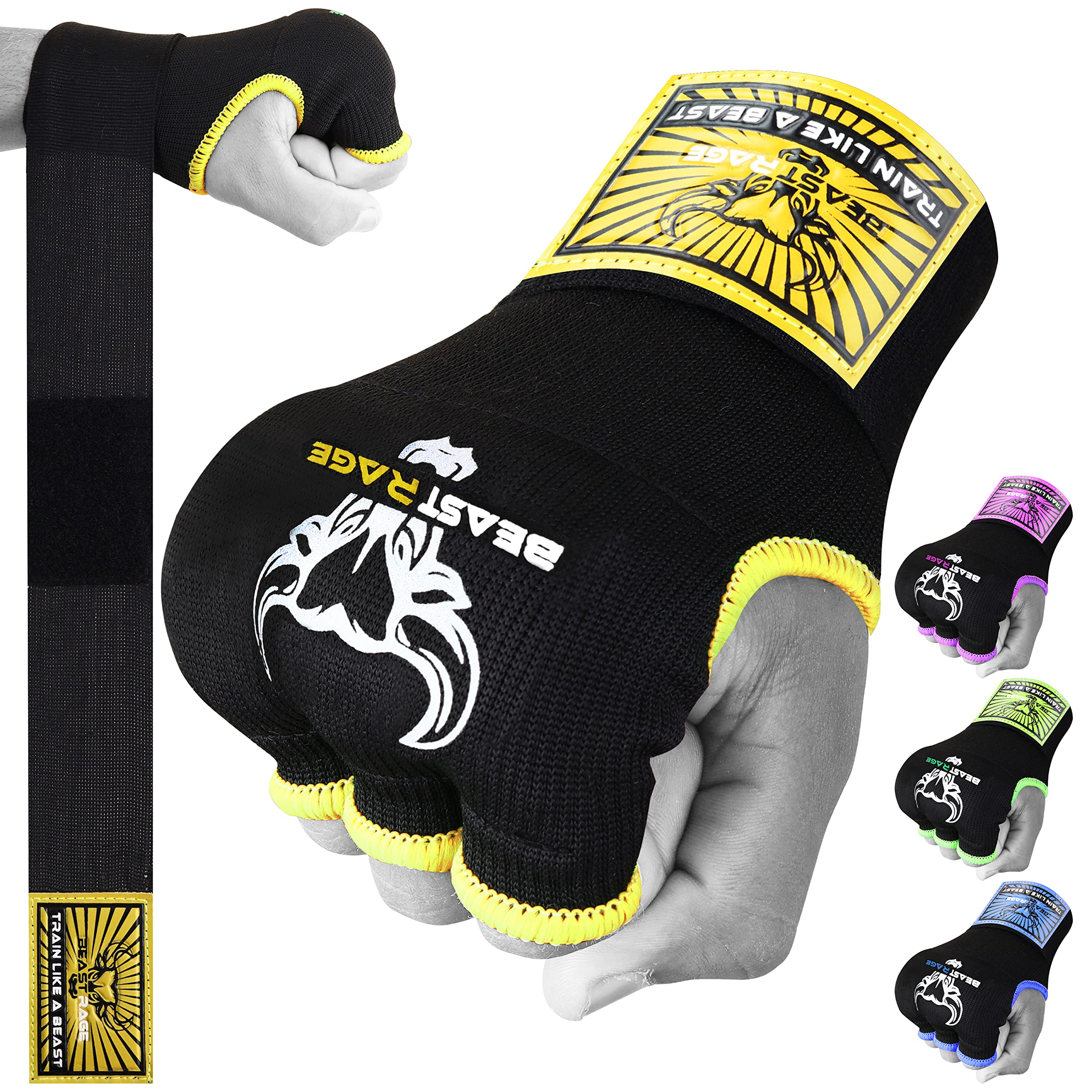 BEAST RAGE Boxing Wraps Hand Gel Gloves MMA 75cm Long Wrap Padded Elasticated Quick Boxing Punching Bag Training Muay Thai Hand Wraps set UFC Bandages For Mens Ladies kids (Kids Junior, Yellow)